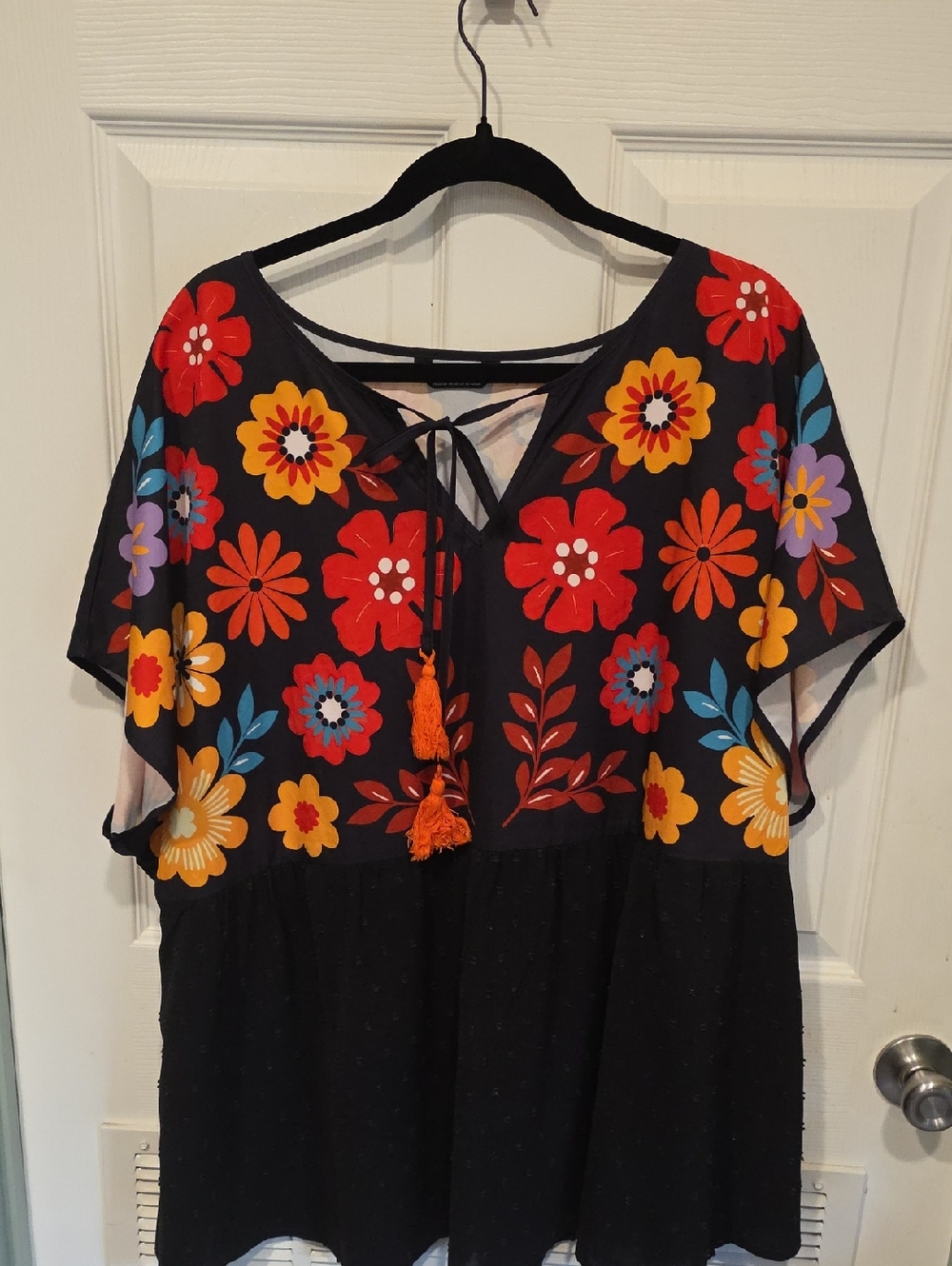 Boho Floral Tie-Front Women's Top in Black with Multicolor Flowers